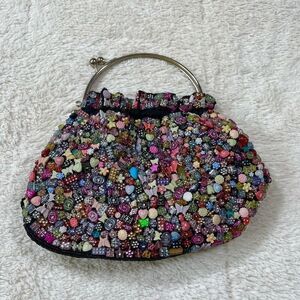 Vintage 90s Y2K La Viola Black Beaded Top Handle Clasp Hand Bag Purse